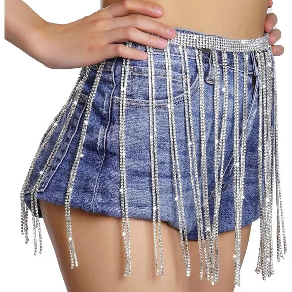 Silver Rhinestone Waist Chain Belt for Women, Festive Body Jewelry - Picture 7 of 7